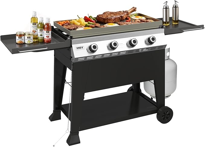 4-Burner Propane Gas Griddle, 40,000 BTU Outdoor Flat Top Propane Grill with 480 Sq In Cooking Area, Rolling Wheels & Folding Side Shelves for Camping, Tailgating & Backyard BBQ, Black