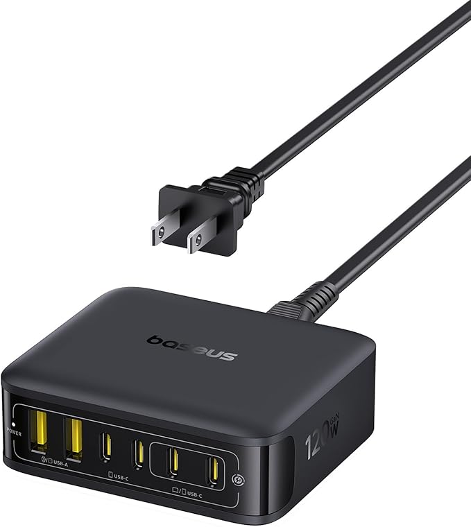 Baseus Charging Station 120W, 6-in-1 USB-C PD Fast Charging Desktop Charger with 5ft Extension Cord, 4 USB C, 2 USB A Ports, Travel Power Strip for iPhone 17/16, iPad Pro, MacBook Pro, Tablet and More