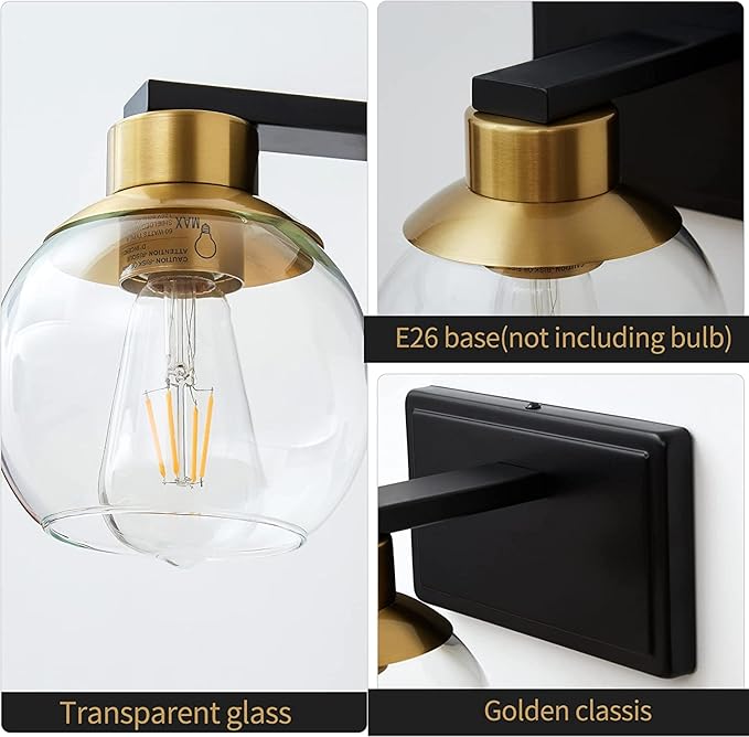 Bathroom Sconces Set of 2, Black and Gold Wall Sconces Set of Two, Bathroom Vanity Light with Clear Glass Shade, Modern Wall Light Fixtures for Bath Mirror Hallway Bedroom Living Room, Hardwired