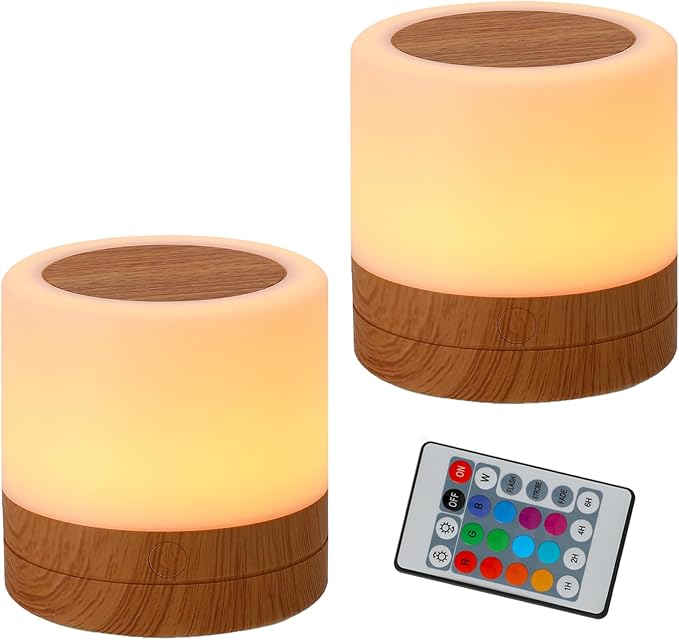 Nursery Night Light for Kids, USB Rechargeable Small Desk Lamp,13 RGB Colors & 4 Brightness & 1 Remote, Touch Bedside Cordless Table Lamp, Portable Night Lamp for Bedroom Living Room (2 Pack Brown)