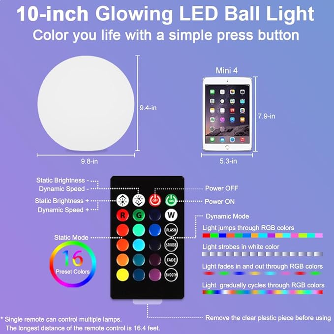 10-in Glowing LED Ball Light, Dimmable 16 RGB Color 4 Mode Glowing Orb Lights w/Remote, Rechargeable Light Up Ball Orb Lamp, Waterproof Outdoor Globe Lights Mood Lamp for Home Garden Party Path Decor
