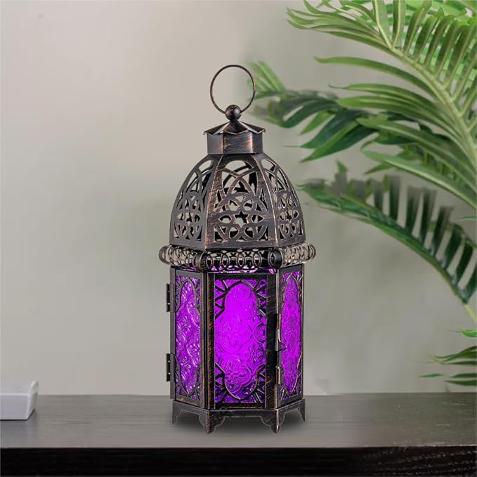 NEEDOMO Moroccan Candle Lantern, 12.8'' Hanging Lanterns Decorative Indoor Outdoor, Vintage Candle Holder for Chritsmas, Halloween, Table, Patio, Porch, Shelf, Gothic Home Decor (Purple)
