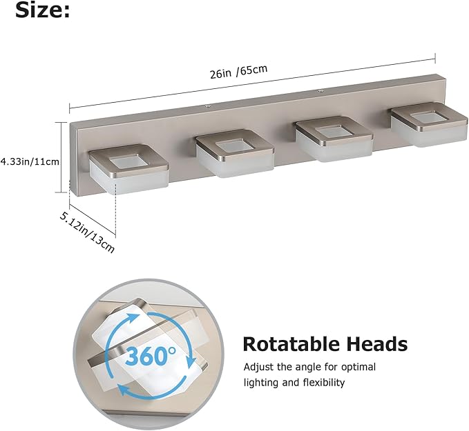 LED Vanity Light Fixture for Bathroom, 4-Light Brushed Nickel Bathroom Light Over Mirror, Modern Vanity Lighting Wall Light Fixtures