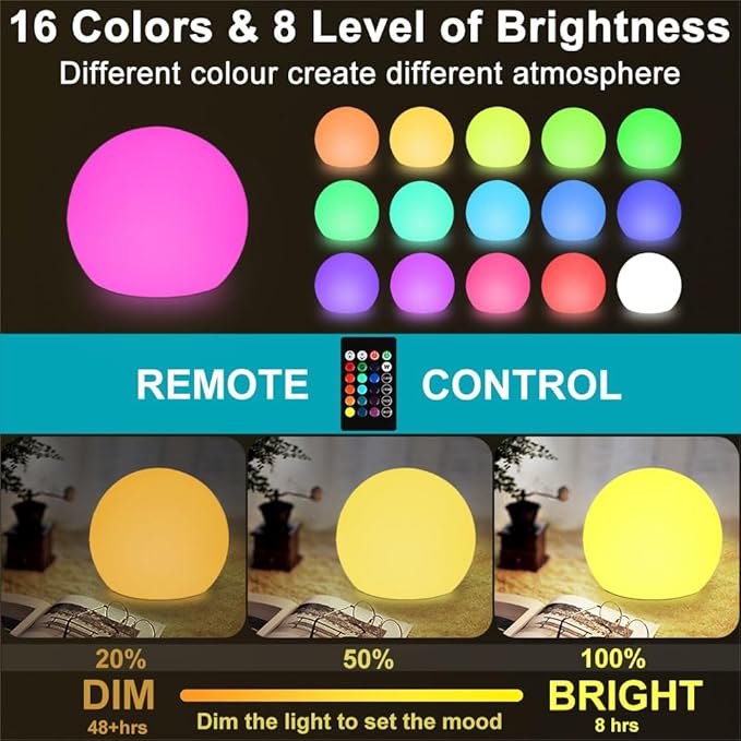 8-in LED Glowing Ball Light for Kid, 16 RGB Color Changing Globe Orb Night Light Mood Lamp w/Remote, Rechargeable Light Up Ball Dimmable Sphere Bedside Lamp, Great for Bedroom Garden Patio Party Decor