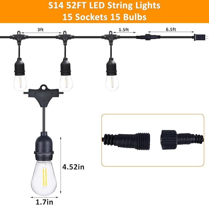 52 Ft LED Outdoor String Lights, Connectable Patio Hanging Light with 15Pcs Waterproof Vintage Edison Bulbs for Backyard Light, Bistro Lights Camping Outdoor Lighting