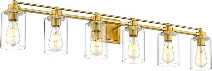6 Light Bathroom Vanity Light, HWH Brushed Gold Light Fixture Bathroom Wall Vanity Lights, Modern Brass Vanity Lights Over Mirror with Clear Glass Shade, 5HLT63B-6W BG