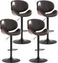 Adjustable Swivel Bar Stools Set of 4, Modern Bentwood Barstool with Large Metal Base and Footrest, PU Leather Upholstered Bar Chair with Curved Back for Kitchen Island Dining Room, Brown