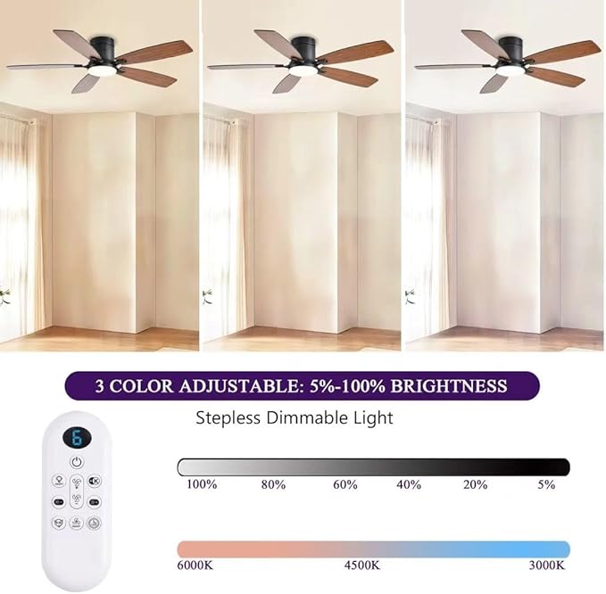 52inch Ceiling Fans with Lights, Low Profile Ceiling Fan with Light and Remote Control/APP Control, Flush Mount, Reversible Motor, Dimmable, Noiseless, Brown Ceiling Fan for Bedroom (Brown)