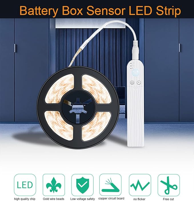 LED Under Cabinet LED Strip Motion Sensor, Battery Powered Bed Stairs Wardrobe Lamp Tape, Waterproof 5V LED Closet Smart Night Strip Light (3M, Warm White)