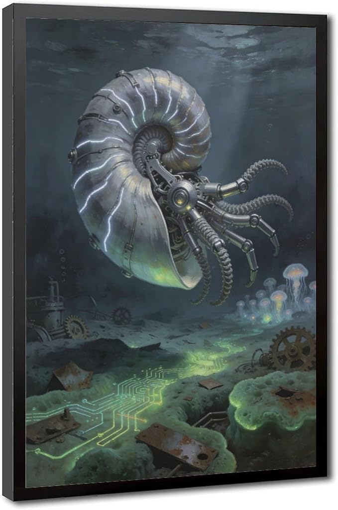 Framed Steampunk Mechanical Nautilus Wall Art - Underwater Industrial Poster for Man Cave Studio Decor 16x24in