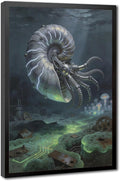 Framed Steampunk Mechanical Nautilus Wall Art - Underwater Industrial Poster for Man Cave Studio Decor 16x24in