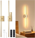 Shenmoyl Battery Operated Wall Sconce Set of 2, 10000mAh Rechargeable Wall Sconces with Detachable Battery, Indoor 350°Rotate Wall Lights for Bedroom Living Room, Gold, 31.5 Inch