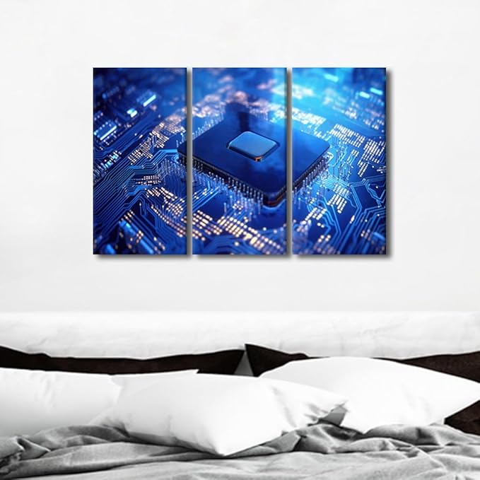 TUMOVO Circuit Board Pictures for Living Room Wall Decoration Semiconductor Chip Wall Art Chip Artwork on Canvas Modern Home Decor 3 Pieces Posters and Prints Framed Ready to Hang, 36" Wx24 H