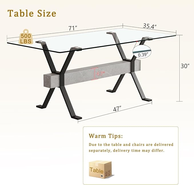 Glass Dining Table 71"｜Modern Dining Table for 6｜0.4" Thick Tempered Glass Top｜Matte Black Metal Legs｜Grey Crossbar｜Easy Assembly｜Perfect for Dining Room or Kitchen