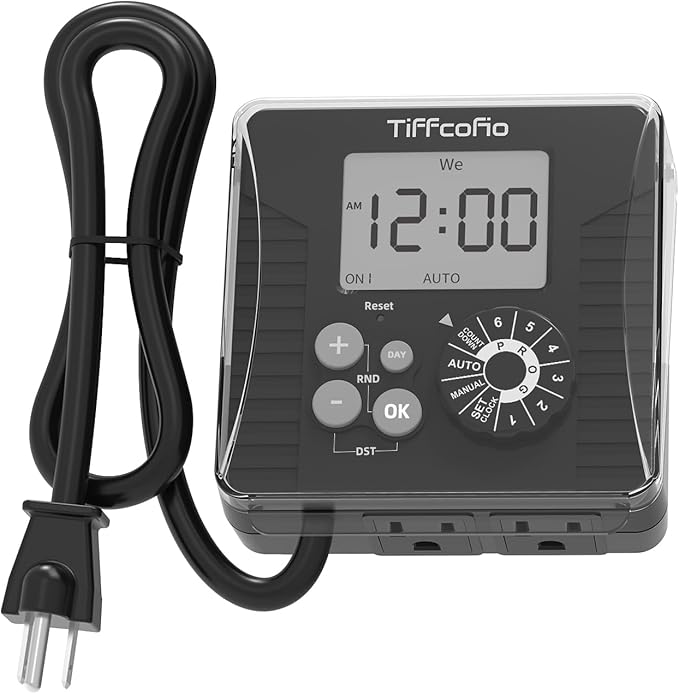 TiFFCOFiO New Digital Outdoor Timer Waterproof, Dial Programmable Method, Outdoor Light Timer with 2FT Extension Cord, 2 Grounded Electrical Outlets for Lights, 6 Sets of Programs, 15A/1875W