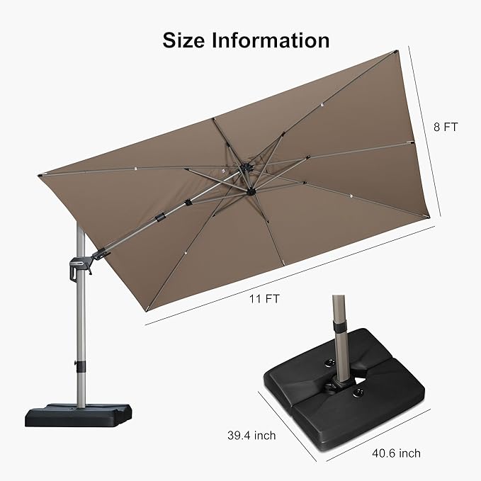 PURPLE LEAF 11.5' X 8' Left-right Tilting Patio Umbrella with Base Outdoor Swivel Cantilever Offset Aluminum Umbrella with Champagne Frame and 360-degree Rotation for Garden Deck Pool, Taupe