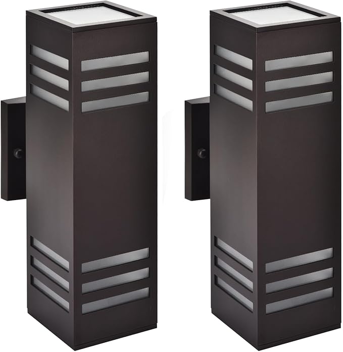 wowlite Outdoor Wall Lights Dusk to Dawn 2 Pack, Modern Porch Lights Outdoor Wall Sconce Square, Bronze Up and Down Lights, Waterproof Exterior Light Fixture for House Garage Patio, ETL Listed