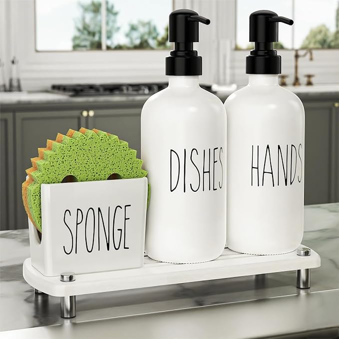 Cisily Kitchen Soap Dispenser Set Comes with Ceramics Sponge Holder, Gold Pumps, and Instant Dry Tray (White&Black, 4 Pack)