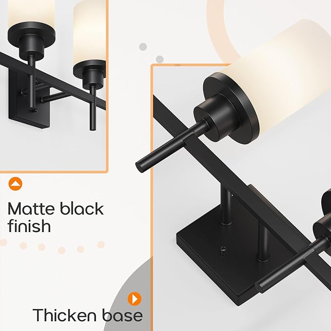 Wall Light Fixtures 4-Light Over Mirror, Matte Black Vanity Lights with White Frosted Glass Shade, Wall Sconces for Bathroom Kitchen T001MB-L4