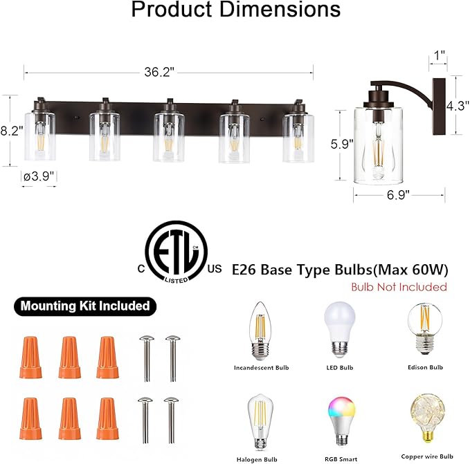 5-Light Bathroom Light Fixtures Modern ORB Vanity Lights for Bathroom Lighting Fixtures Over Mirror with Clear Glass Shade for Cabinet Mirror Bedroom Hallway