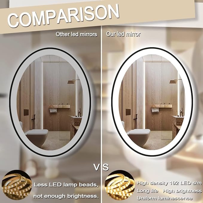 THEKLA 20 x 30 inch Black Framed Oval LED Mirror for Bathroom Wall Oval Lighted Vanity Mirror with Lights Black Frame Smart Memory 3 Color Dimmable Front Lit Anti-Fog 30" Black Ovals Light up Mirrors