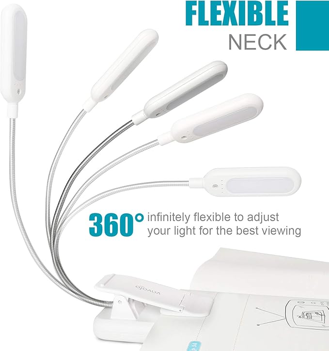 VAVOFO Book Light, Rechargeable Clip On Reading Light 7 LEDs with 9 Brightness Levels for Bed and Desk Studying (White 2-Pack)