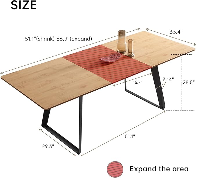 ZckyCine 51"-67" Expandable Modern Dining Table | Rectangular Solid Wood Extendable Design | Space-Saving Multifunctional Kitchen & Home Furniture for Small Spaces, Family Dining Rooms