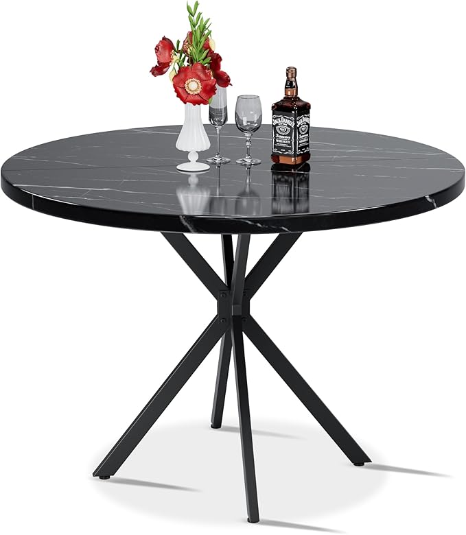 Round Dining Table, 39 Inch Modern Round Kitchen Table Black Dining with Black X Base, Kitchen Table Leisure Table for 4-5 People Small Space Dining Room, Apartment, Kitchen