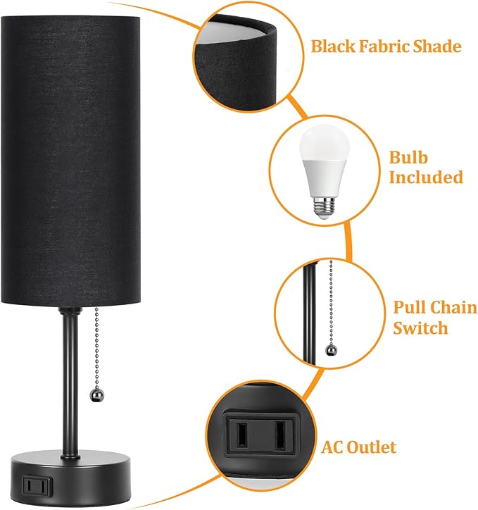 Dott Arts Table Lamp for Bedroom, 3-Color Bedside Lamps with Pull Chain, Bedroom Table Lamps for Nightstand,AC Outlet Small Lamp for Living Room, Bulb Included Black