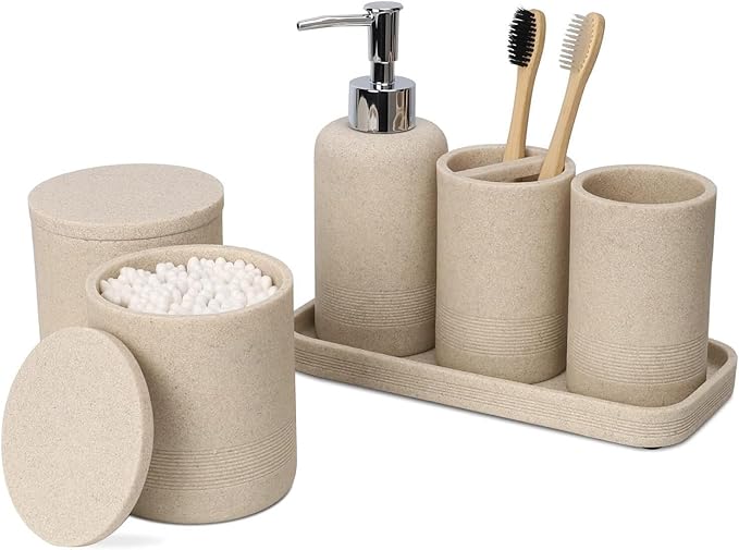 ZCCZ Beige Bathroom Accessories Set 6 Pieces - Toothbrush Holder, Lotion Dispenser, Qtip Container, Vanity Tray, Tumbler - Countertop Organizer for Bathrooms - Elegant and Functional Décor Set