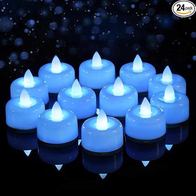 Amagic 24 Pack Light Blue Flameless LED Tea Lights Candles Battery Operated, Electric Fake Tealight Candles for Easter, Wedding, Table Centerpiece, Party, Anniversary, Proposal, Christmas, Birthday