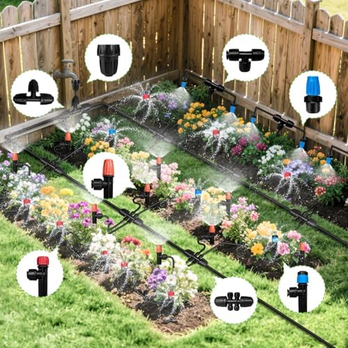 260FT Drip Irrigation System for Garden with 40 Nozzles & Emitters, Garden Watering System with 1/2" & 1/4" Tube and Barbed Fittings - Adjustable Sprinklers Kit for Greenhouse,Lawn,Pond De-Icer