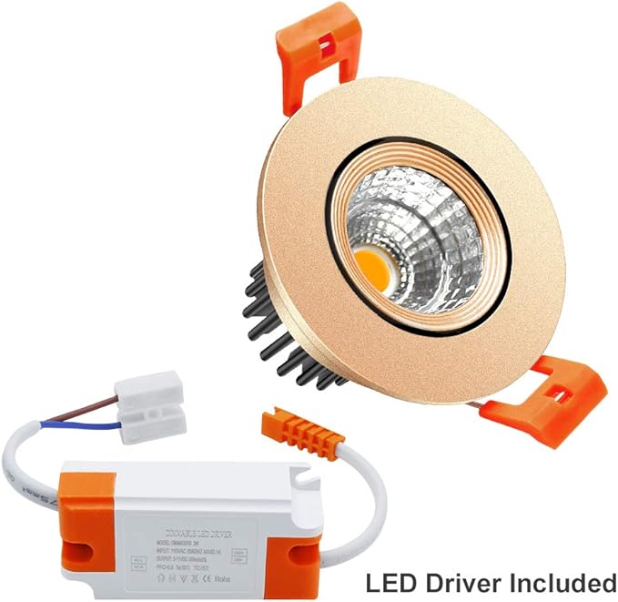 LightingWill 2inch LED Dimmable Downlight, 3W COB Recessed Ceiling Light, Natural White 4000K-4500K, CRI80, 25W Halogen Bulbs Equivalent, Gold (4Pack)