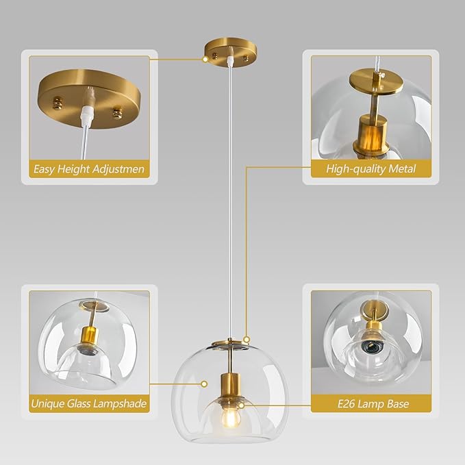 Clear Glass Pendant Lights Kitchen Island Gold Hanging Light Fixture Glass Globe Pendant Light Modern Pendant Lighting for Kitchen Island Bedroom Dining Room (9.84", 1 Pack)