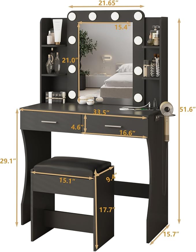 Vabches Vanity Desk with Lights,Makeup Vanity with Power Strip,Dressing Table Set with 2 Large Drawers,Vanity Mirror 3 Lighting Color Adjustable,Black