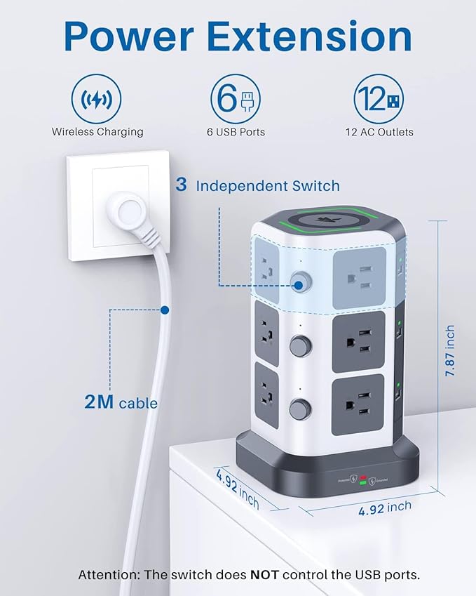 KOOSLA Power Strip Tower, [15W] Wireless Charger Surge Protector - 12 AC Multiple Outlets & 6 USB Ports, 6.5ft Extension Cord Charging Station for Office Supplies, Desk Accessories, Dorm Essentials
