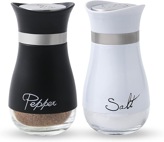 Lonffery Salt and Pepper Shakers Set - Salt Containers for Gifts, Kitchen Decor, Home, RV, Camp, BBQ, 4 oz Farmhouse Spice Dispenser with Glass Bottom, Black and White, Set of 2