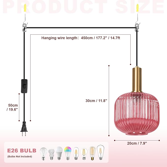 Plug in Hanging Light Fixture Pink Glass Pendant Light Plug in Mid Century Modern Chandelier Light Fixture with Cord Vintage Gold Swag Lamp for Girls Bedroom Baby Nursery Living Room Corner