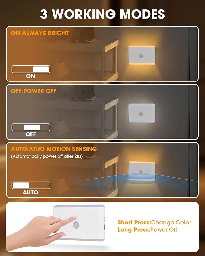 LAVAED Motion Sensor Night Light Indoor,RGB Charging Cordless Stair Lights,LED Wireless Step Light 500mAh Rechargeable Battery Operated Stick On Light for Hallway,Kitchen,Closet,Cabinet,Bedroom(2pack)
