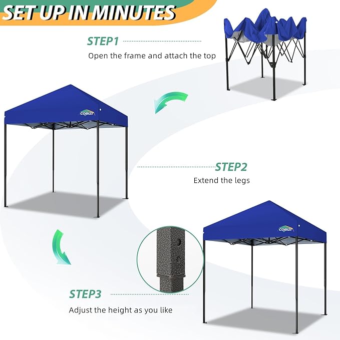 COBIZI 6.6x6.6ft Pop Up Canopy Tent, Heavy Duty Canopy Easy Set up All Weather Waterproof Outdoor Canopy Tent for Parties, Beach, Garden, Camping with 1 Handbag, UPF50+, Deep Blue