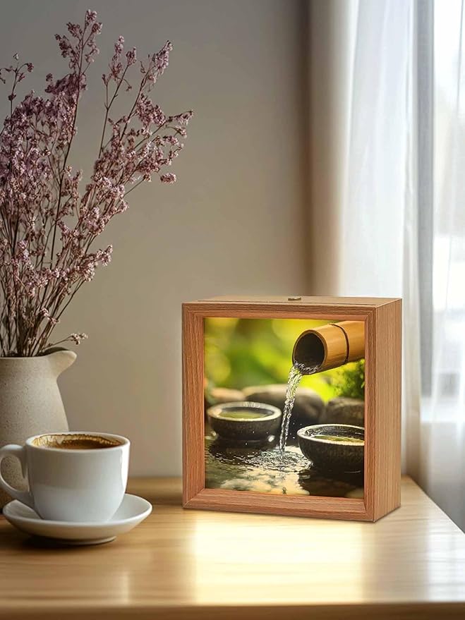 Wood Night Light Box 4.5x4.5in,Zen Meditation Lake Water Table Lights Wooden Picture Frame with USB Rechargeable Touch LED Lights for Home Decor Desktop Display,Natural Landscape