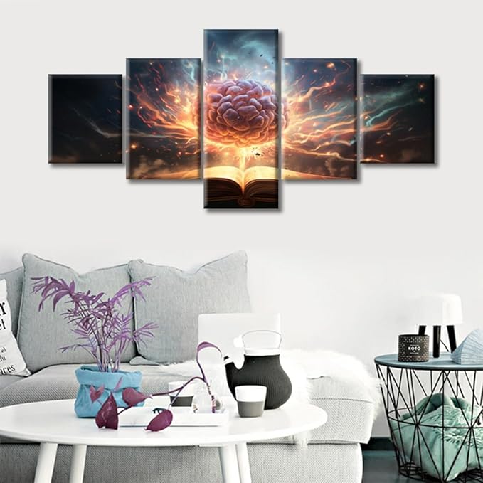 Abstract Human Brain Canvas Art Wall Decor Brain in Book Bedroom Wall Art Human Brain Energy Pictures for Living Room Modern Wall Art Framed Ready to Hang (50"Wx24"H)