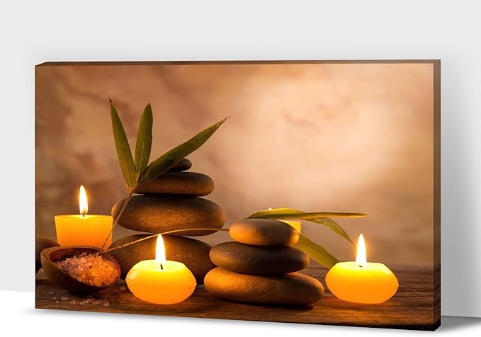 Zen Wall Art Decor, Modern Bathroom Zen Decor Wall Art, Large Zen Relaxing Canvas Wall Art for Spa Room Decor, Black Pebble and Lighted Candles Zen Art Prints for Office & Spa Wall Decor 32x48 Inches