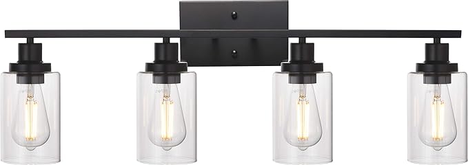 MELUCEE 4 Lights Sconces Wall Lighting Black with Clear Glass Shade, Industrial Bathroom Light Fixtures Vanity Lights Porch Light Fixtures Wall Mount (Patent No.: US D963914 S)