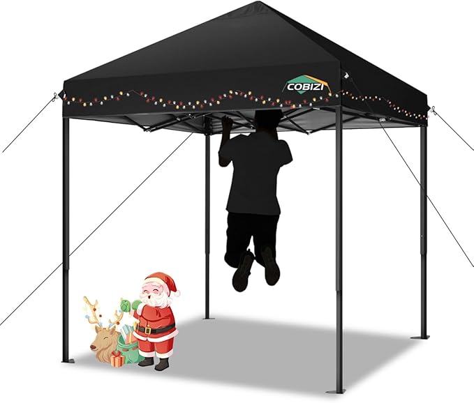 COBIZI 6.6x6.6ft Pop Up Canopy Tent, Heavy Duty Canopy Easy Set up All Weather Waterproof Outdoor Canopy Tent for Parties, Beach, Garden, Camping with 1 Handbag, 3 Adjustable Heights, UPF50+, Black