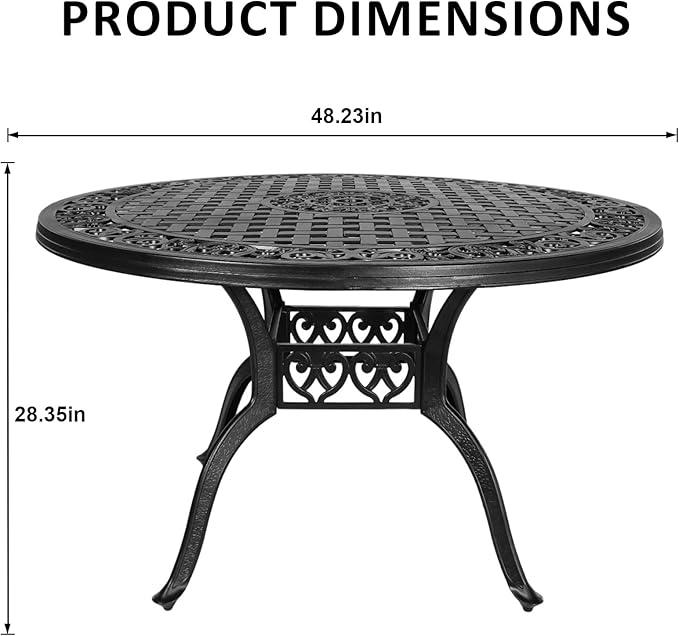 Cast Aluminum Patio Table,48" Round Patio Dining Table for 4-6 Person with Umbrella Hole,Metal Patio Table Outdoor Round Bistro Dining Table for Garden,Yard,Black