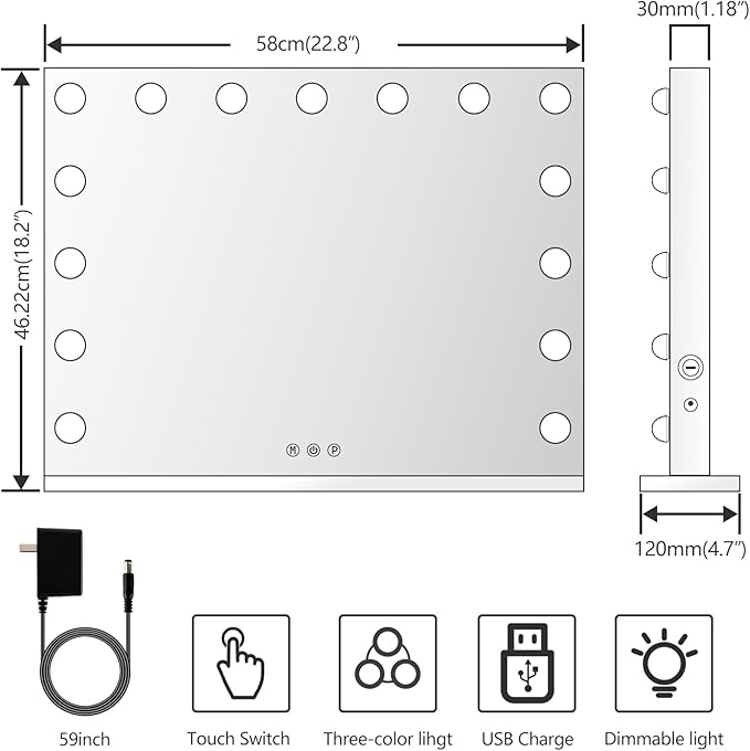 Vanity Mirror with Lights Lighted Makeup Mirror with 15 Dimmable LED Bulbs,3 Color Lighting Modes,USB Charging Port Touch Control,Sturdy Metal Frame Design 24x18 Inch,White