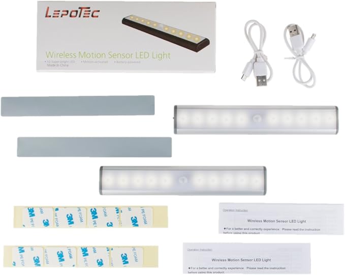 Wireless Motion Sensor Cabinet Lights 10-LED USB Rechargeable Closet Lights LED Under Cabinet Lighting for Wardrobe/Drawer/Stairs/Cupboard/Counter/Pantry/Stairs,Stick On Anywhere,2 Pack,White Light