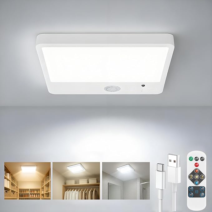 Fast Charging Motion Sensor Closet Light Indoor, Battery Powered Operated Ceiling Lights with Remote, Rechargeable Magnetic Wireless Shower Light for Closet Bathroom Stairs Hallway Pantry, 6.3 Inch