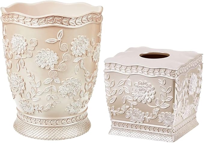 Zahari Home 2pc Rose Vine Bathroom Set Waste Basket & Tissue Cover Modern Classic Decor Stylish Unique Design Beautiful Beige Bathroom Accessories Set